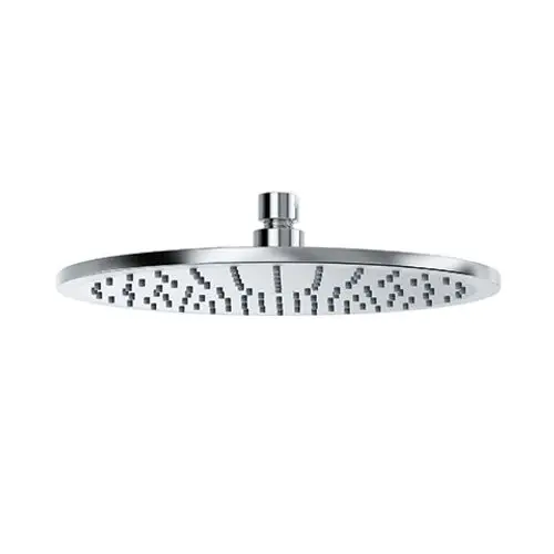 Chrome-farbene Kopfbrause von Kludi mit flachem, runden Design und gleichmäßig angeordneten Düsen für den Wasserstrahl.